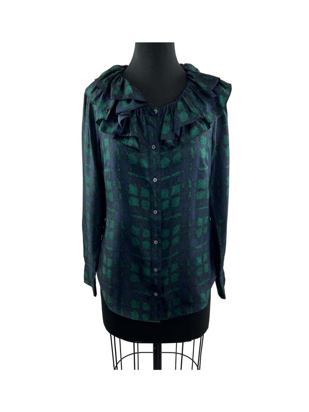J.Crew Collection Silk Twill Ruffle Collar Plaid Top Blue Green Long Sleeve XS